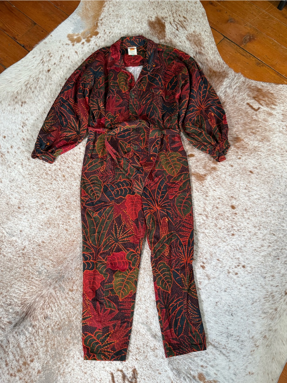 FARM Rio Red & Green Leaf-Print Belted Jumpsuit